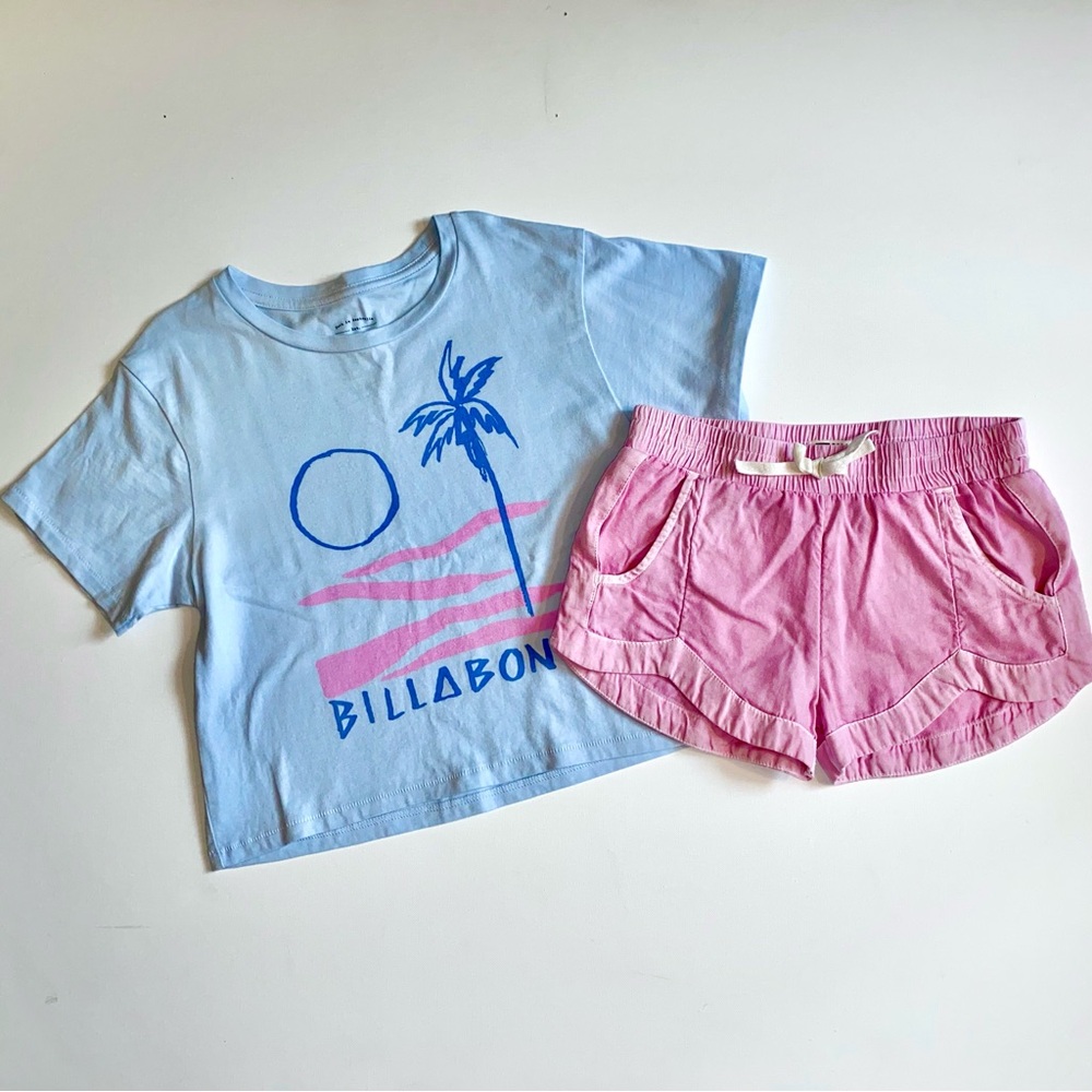Billabong Girl’s Blue Surf Tee & Pink Shorts Set Size Small